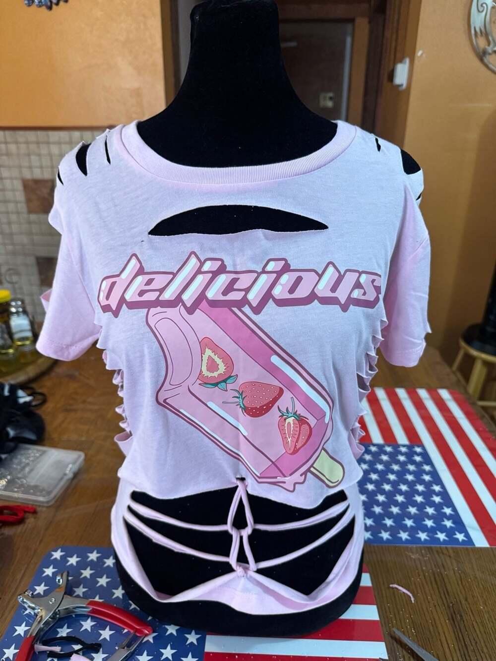 DIY Upcycled 'Delicious' Graphic Strawberry Popsicle Cutout T-Shirt